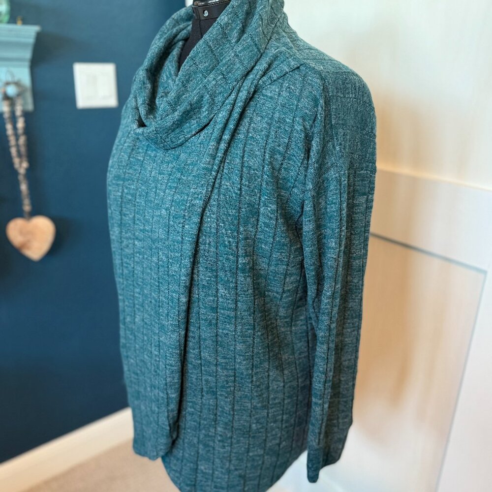 Green turtleneck, wrap sweater